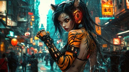 Cyberpunk Tiger Girl in Rain-Soaked City