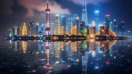 Obraz premium Shanghai Skyline at Night with Reflections