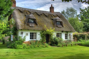 Charming thatched cottage surrounded by vibrant gardens under lush trees in a tranquil forest setting during the afternoon