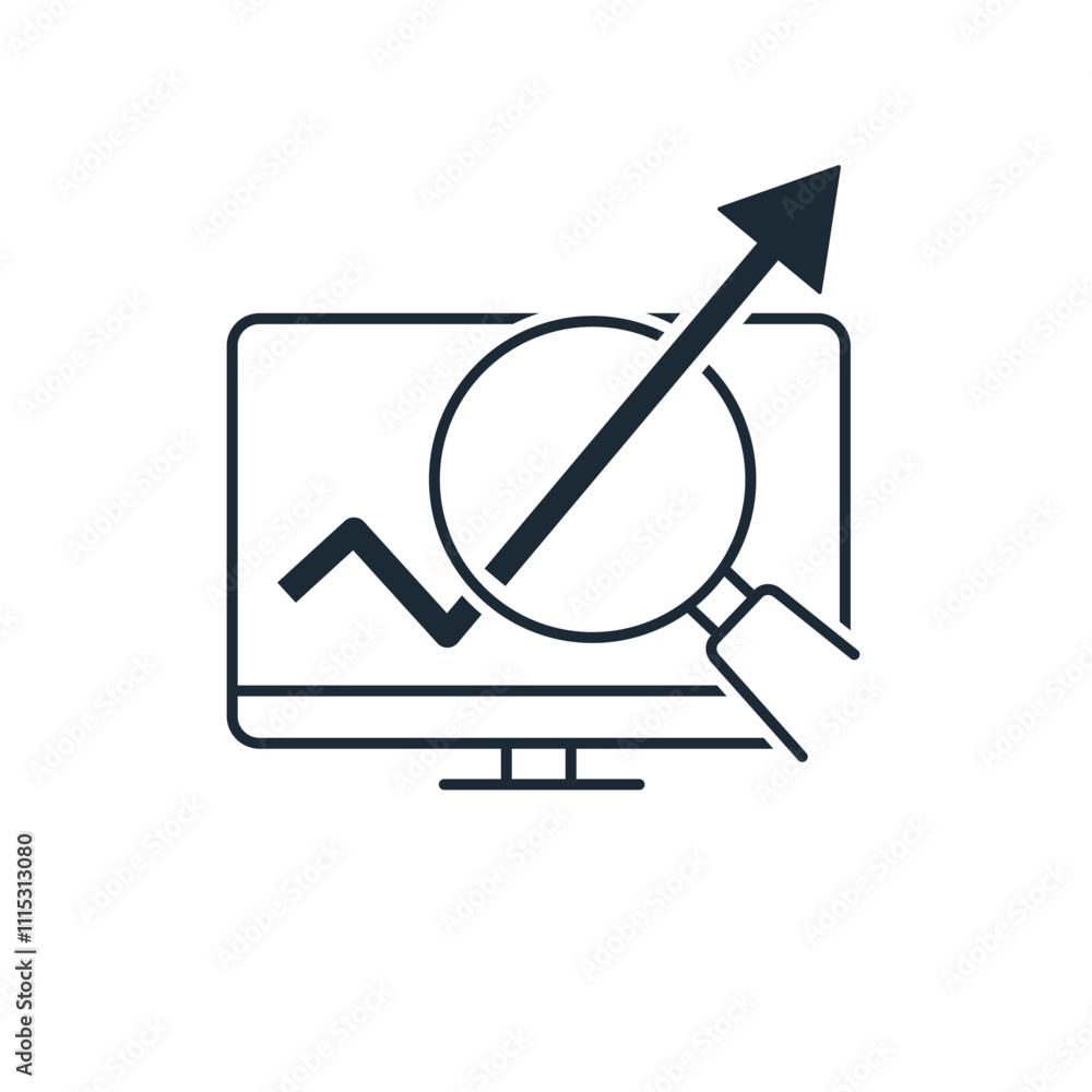 Poster report graph or sales growth sign in magnifying glass on monitor. vector linear icon isolated on whi