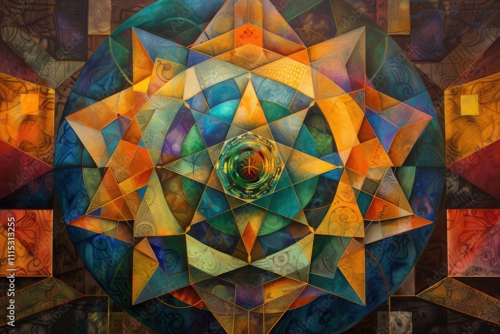 Poster vibrant geometric patterns create a mesmerizing mandala design filled with intricate colors and shap