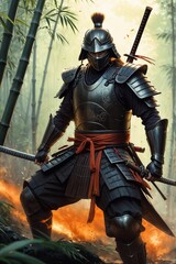 Fototapeta premium A samurai in a bamboo forest at sunset, Illustrative Art
