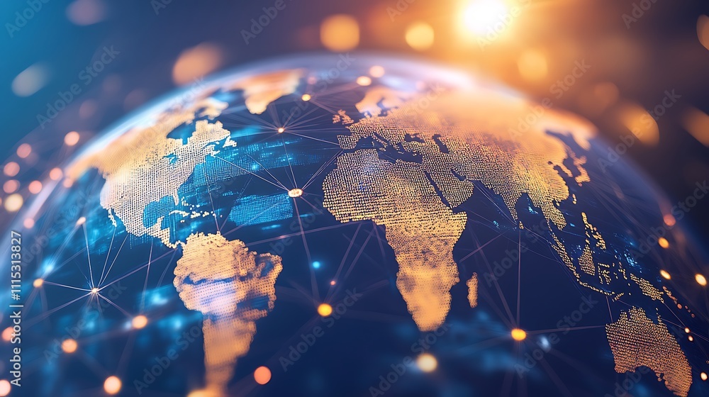 Poster digital illustration of futuristic globe with global network visualization of world wide data flow c