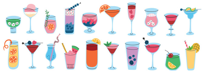 Collection of colorful mocktails and cocktails in various glasses with decorative garnishes, flat cartoon vector illustration. Non alcoholic drinks, summer parties, fresh berries and fruit beverages