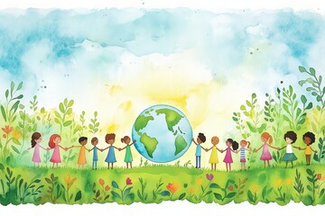 Naklejka premium A watercolor illustration of diverse children holding hands in a vibrant meadow, encircling a globe, symbolizing unity, harmony, and environmental care in a colorful and cheerful setting