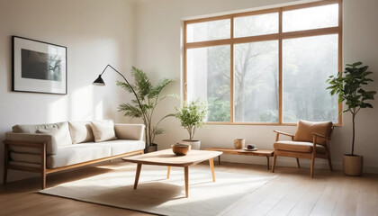 Fototapeta premium Bright window light filling a minimalist living room, with rays illuminating a simple sofa and a coffee table.