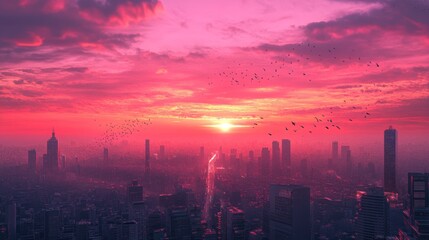 Fototapeta premium Crimson Cityscape: A Stunning Sunset Over the Urban Horizon