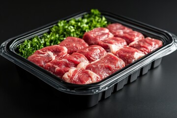 Fresh raw meat slices with parsley garnish