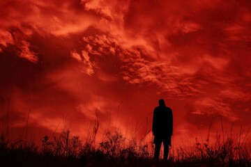 Fototapeta premium A solitary figure standing against a vivid red sky filled with dramatic clouds during twilight hours, conveying a sense of mystery and introspection in a natural landscape