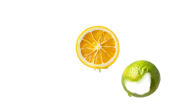 Oranges and lemon lime with half slices falling or floating in the air with green leaves isolated on a transparent background