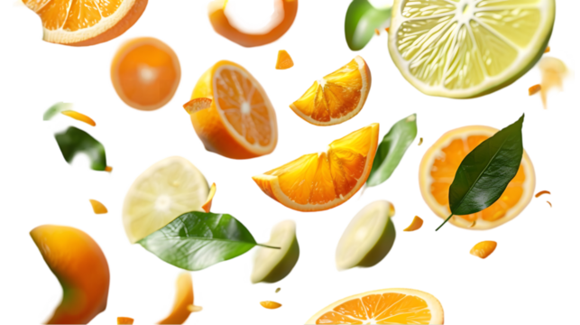 Oranges and lemon lime with half slices falling or floating in the air with green leaves isolated on a transparent background