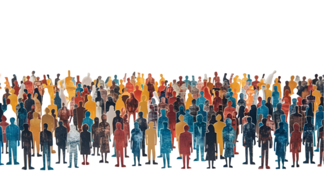 Paper cut out of a large crowd of people standing together. Diverse community and teamwork concept isolated on a transparent background