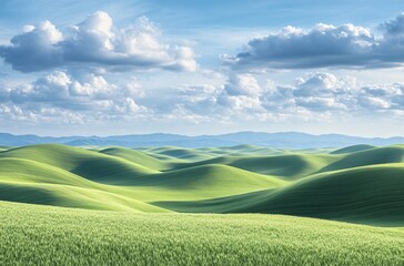 Fototapeta premium A vast grassland under a blue sky with fluffy white clouds in Inner Mongolia, showcasing the natural beauty and expansive landscape, perfect for a peaceful and tranquil outdoor setting.