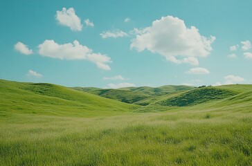 Fototapeta premium A vast grassland under a blue sky with fluffy white clouds in Inner Mongolia, showcasing the natural beauty and expansive landscape, perfect for a peaceful and tranquil outdoor setting.