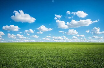 Obraz premium A vast grassland under a blue sky with fluffy white clouds in Inner Mongolia, showcasing the natural beauty and expansive landscape, perfect for a peaceful and tranquil outdoor setting.