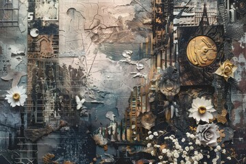 A colorful depiction of a bird surrounded by vibrant floral elements in an artistic composition featuring intricate details and textures in mixed media