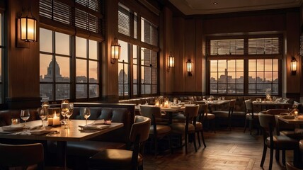 Fototapeta premium dining room in a restaurant with a night atmosphere, a restaurant with candle interior on each table, and a cinematic urban view, generative ai