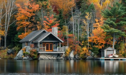 Obraz premium Cozy lakeside cabin surrounded by vibrant autumn foliage.
