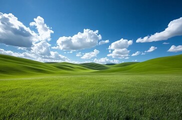 Obraz premium A vast grassland under a blue sky with fluffy white clouds in Inner Mongolia, showcasing the natural beauty and expansive landscape, perfect for a peaceful and tranquil outdoor setting.