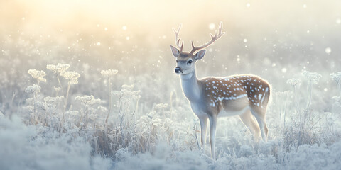 A sika deer/elk/deer/moose walking in a winter forest, looking towards the camera. winter, forest, nature, white, commercial, poster, background, wallpaper, basemap