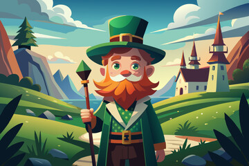 Cartoon-style leprechaun with a cheerful expression and a scenic Irish countryside in the background, symbolizing Irish folklore and St. Patrick's Day.