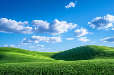 Obraz premium A vast grassland under a blue sky with fluffy white clouds in Inner Mongolia, showcasing the natural beauty and expansive landscape, perfect for a peaceful and tranquil outdoor setting.