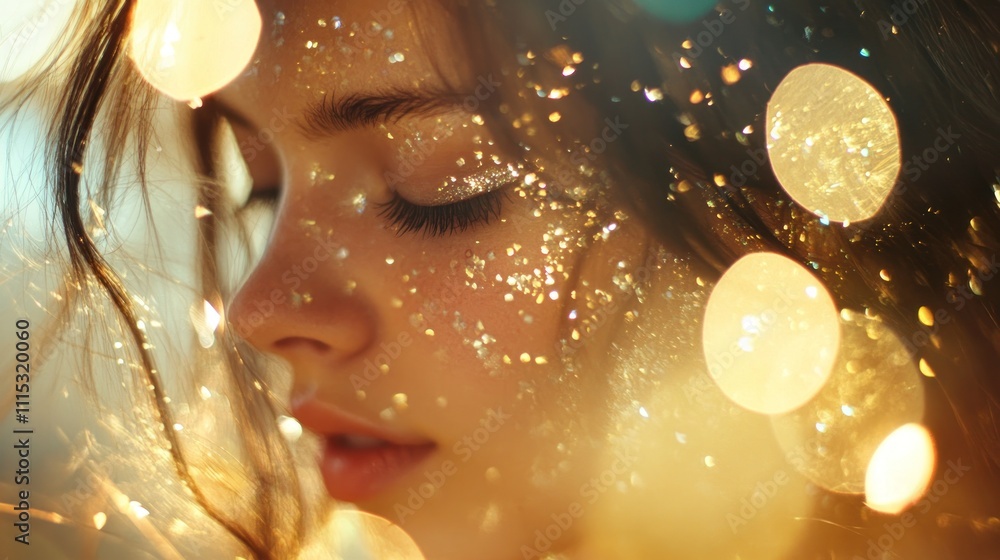 Poster a close-up of a serene person's face surrounded by sparkling lights and soft bokeh effects.