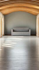 Fototapeta premium Spacious interior with modern couch under wooden arched ceiling and natural light