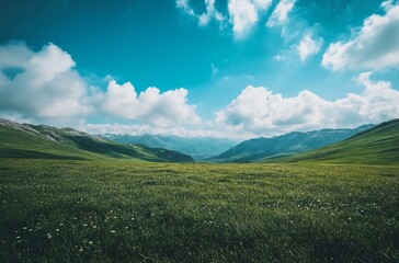 Fototapeta premium A vast grassland under a blue sky with fluffy white clouds in Inner Mongolia, showcasing the natural beauty and expansive landscape, perfect for a peaceful and tranquil outdoor setting.
