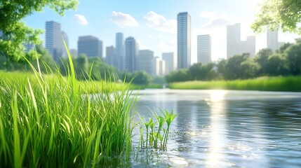 Fototapeta premium Marshlands are vital ecosystems supporting wildlife, plants, and climate balance, requiring restoration to protect nature. Urban Nature Scene with Green Grass and City Skyline