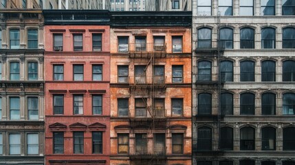 Urban buildings with distinct architectural styles and textures.