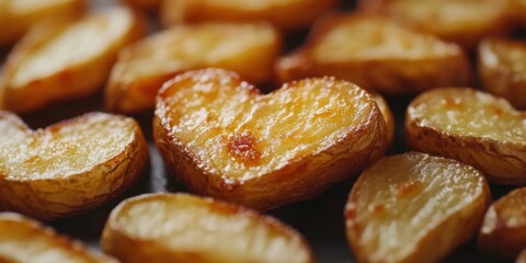 Heart-shaped roasted potatoes close-up