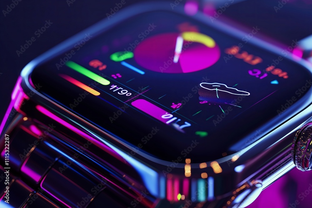 Poster A close-up of wearable tech, like a smartwatch, showing productivity stats and notifications.