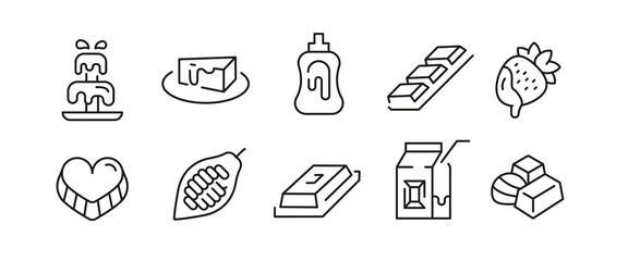 Chocolate icons. Set of 10 chocolate trendy minimal icons. Example: Cocoa bean, Chocolate bar, Chocolate chip cookie icon. Design signs for web page, mobile app, packaging design. Vector illustration