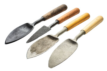 Fototapeta premium A row of old-fashioned garden tools are lined up on a white background. on transparent background. 