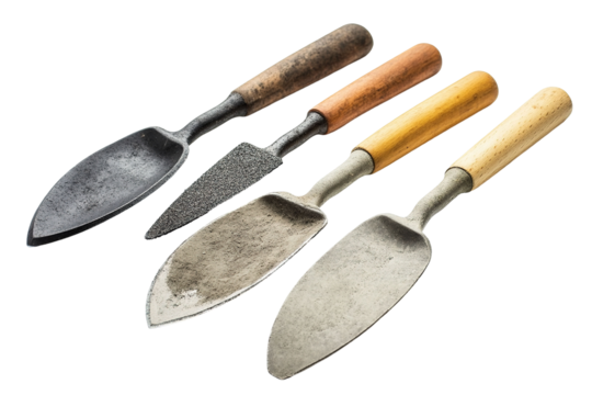 A row of old-fashioned garden tools are lined up on a white background. on transparent background.