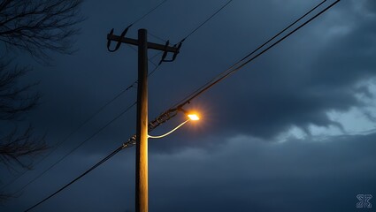Landscape photograph featuring a wooden utility with wires and light on street, dark night with spart of utility lightbulb