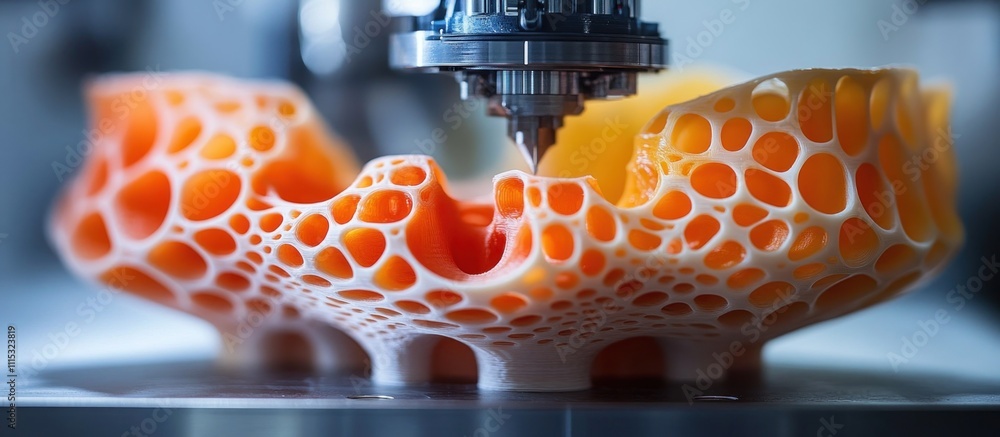 Poster closeup of a 3d printer nozzle creating a complex, organic-looking orange and white structure with i