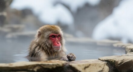 Obraz premium Japanese macaque relaxing in hot spring during winter in snow-covered mountains