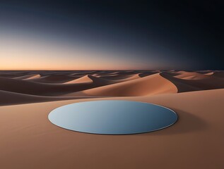 Round large piece of mirror like glass on the sands of desert, sand hills and desert night in background, free space for showing products