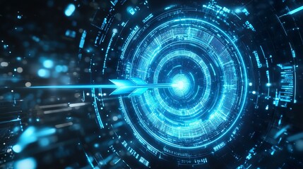 Obraz premium Futuristic digital arrow hitting a target, representing accuracy and precision in technology.