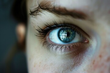 Obraz premium A young woman gazes thoughtfully out a window as digital graphics and lights reflect on her face in an urban setting during the evening