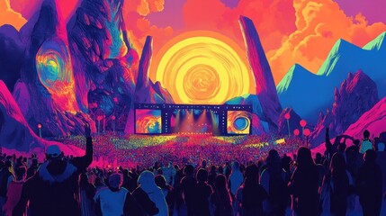 A large, eye-catching poster for a music festival, with a vibrant background, event details, and band lineup. 