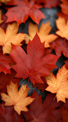 Fototapeta premium Vibrant red and orange maple leaves on dark background.