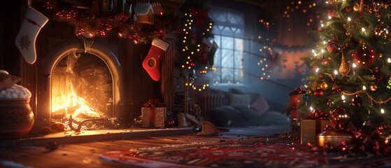 Obraz premium A magical Christmas scene with a cozy fireplace crackling softly in the background, casting a warm glow.
