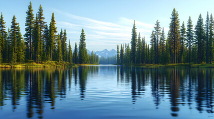 Fototapeta premium 3D Serene Lake View Calm Water Trees Clear Sky Plain Blue Background Copy Space