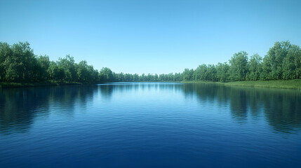 Fototapeta premium 3D Serene Lake View Calm Water Trees Clear Sky Plain Background Copy Space