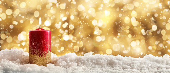 A picturesque snowy scene with a vibrant red candle flickering gently, set against a backdrop of shimmering golden bokeh lights, providing ample copy space for your festive Advent message.