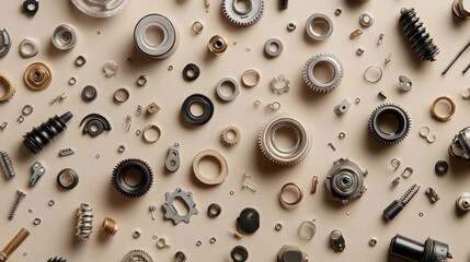 Flat lay and spare parts of gears and shock absorbers on white background.