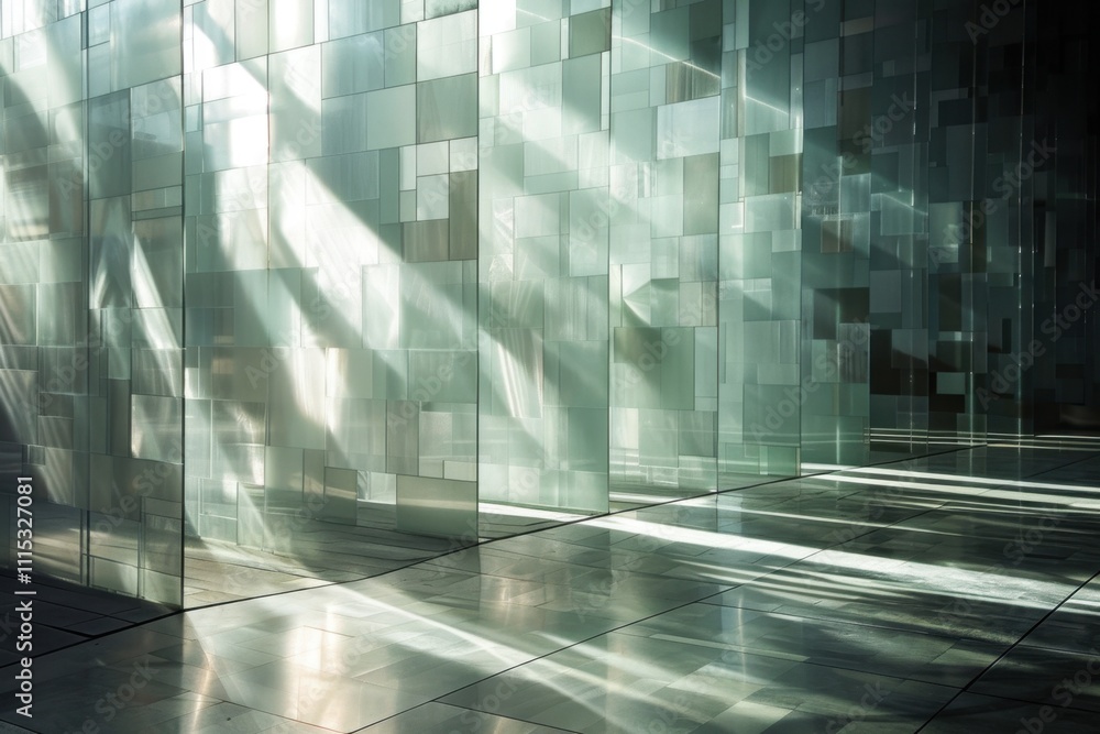 Poster sunlight filters through green glass walls in a modern architectural space, creating a serene atmosp